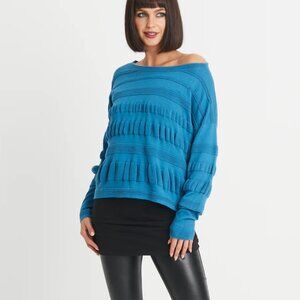 Excellent Planet by Lauren G Pima Cotton Pucker Up Crewneck Sweater - Lake